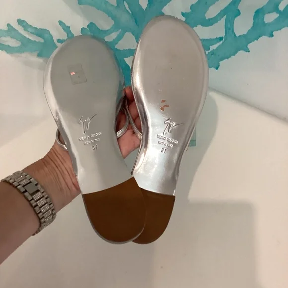Giuseppe Zanotti NEW Silver Leather Crystal Embellished Thong Sandals Shoes 37